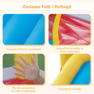 Castello Gonfiabile 6 in 1 con Soffiatore 480W, Gonfiabile per Bambini con Scivolo, Area di Salto, Canestro, Piscina di Palline, Lancio di Anelli e di Palline, per Interno Esterno e Feste