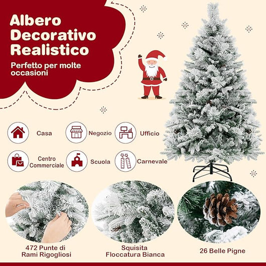 Albero di Natale Innevato 136/180/210 cm, Albero di Natale con 160/240/320 Luci LED, 472/850/1270 Rami di PE e PVC, 26/34/40 Pigne, Aghi di Pino e 8 Modalità di Illuminazione (136 CM)