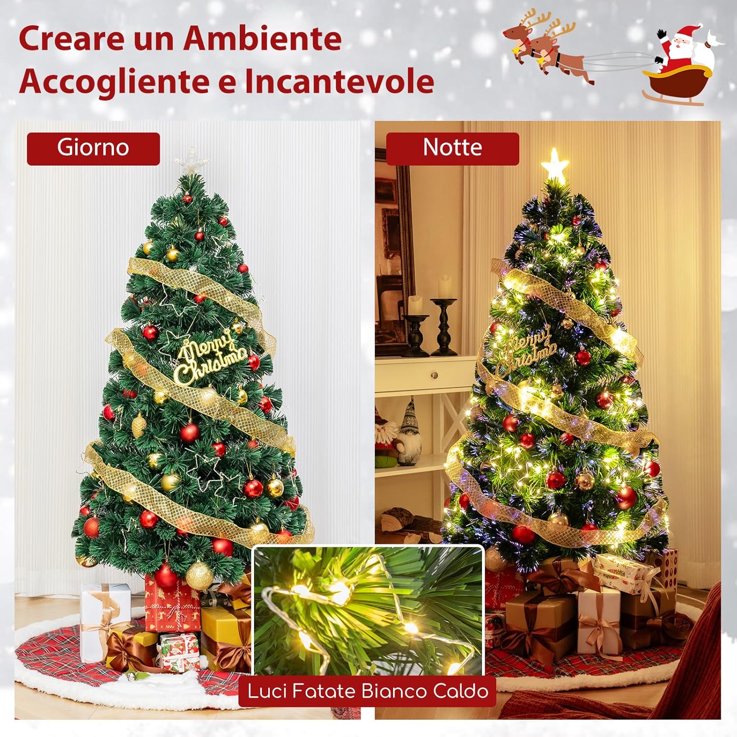 Albero di Natale in Fibra Ottica 150/180 cm, Albero di Natale Artificiale Pre-illuminato con 24/36 Luci a Stringa, Stella sulla Cima e 170/230 Punte dei Rami, Decorazione per Feste (150 CM)