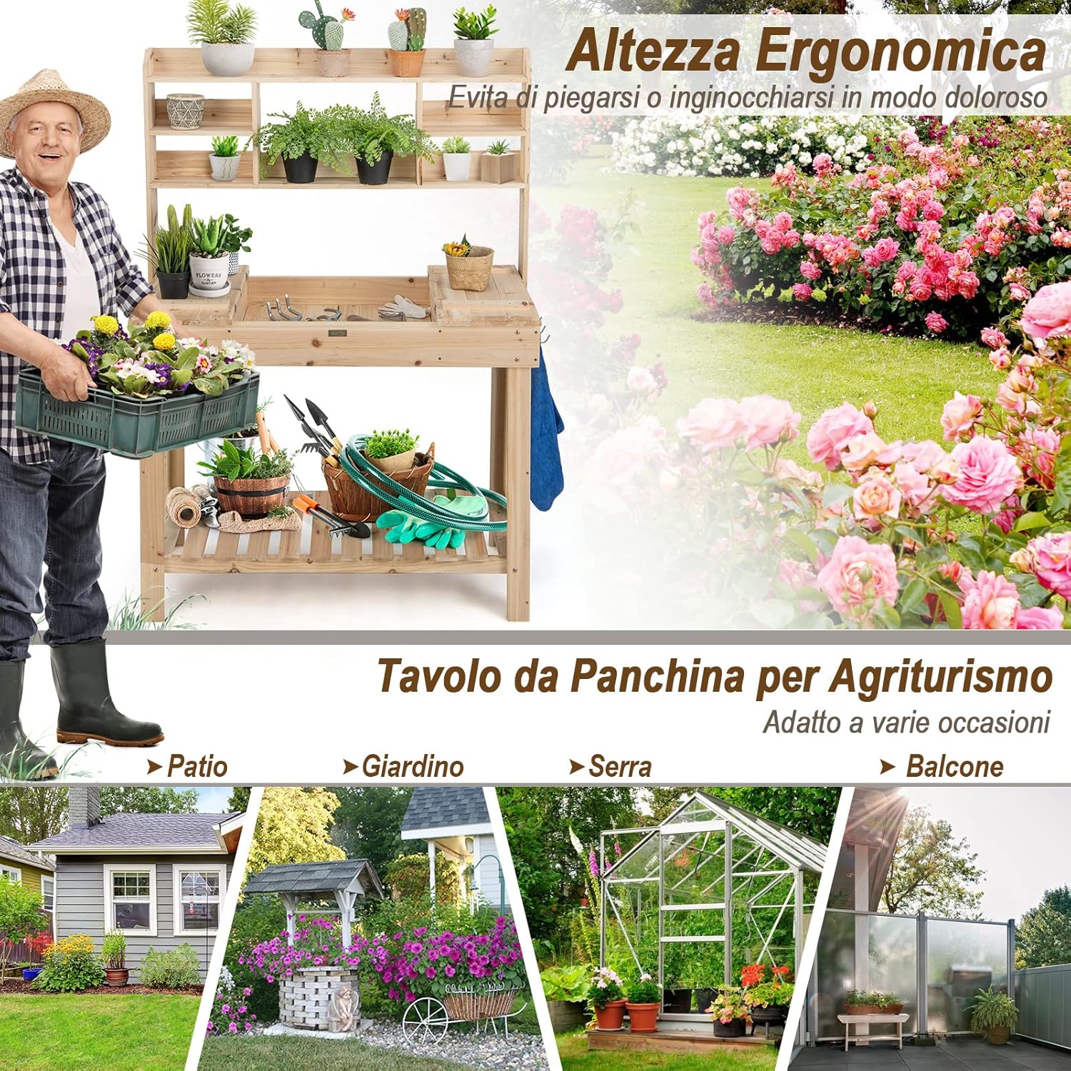 Tavolo da Lavoro per Giardinaggio con Tavolo Apribile, Scaffale, Ganci e Ripiano, Tavolo da Lavoro per Giardino, Patio e Cortile, Portata 151 kg, 110 x 50 x 153 cm