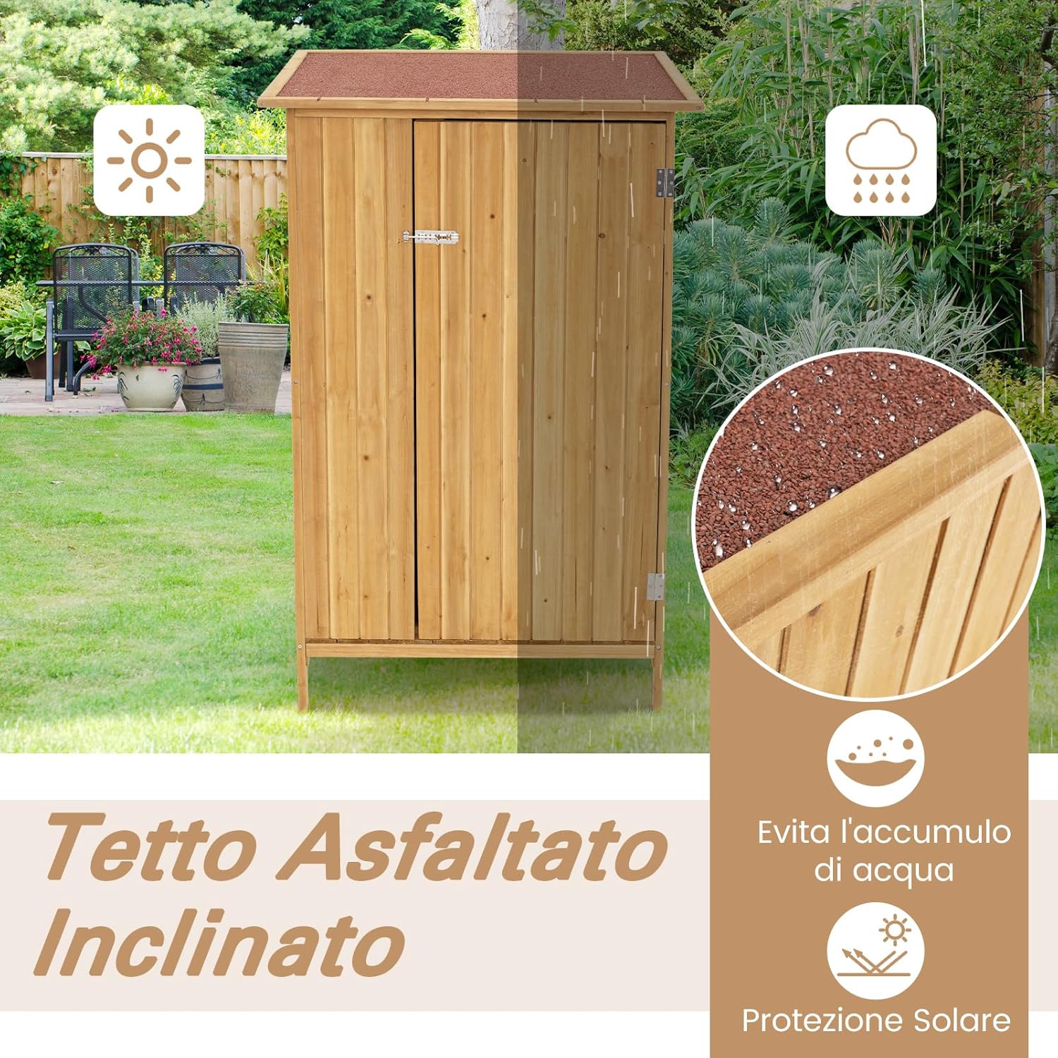 Armadio da Esterno, Casetta Porta Attrezzi da Giardino in Legno con Tetto in Asfalto, 3 Ripiani, Porta con Serratura e 5 Ganci, Ripostiglio per Balcone, Patio e Giardino, 91 × 66 × 150 cm