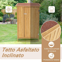 Armadio da Esterno, Casetta Porta Attrezzi da Giardino in Legno con Tetto in Asfalto, 3 Ripiani, Porta con Serratura e 5 Ganci, Ripostiglio per Balcone, Patio e Giardino, 91 × 66 × 150 cm