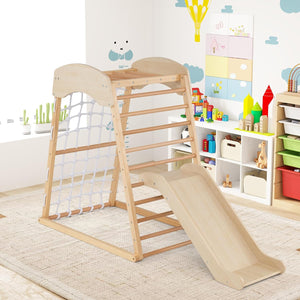6 in 1 Struttura di Arrampicata, Triangolo da Arrampicata con Scivolo, Barra per Trazioni e Rete per Arrampicata, Parco Educativo per bambini per Interni, 1+ Anno, 105 x 67 x 112 cm (Naturale)