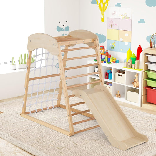 6 in 1 Struttura di Arrampicata, Triangolo da Arrampicata con Scivolo, Barra per Trazioni e Rete per Arrampicata, Parco Educativo per bambini per Interni, 1+ Anno, 105 x 67 x 112 cm (Naturale)