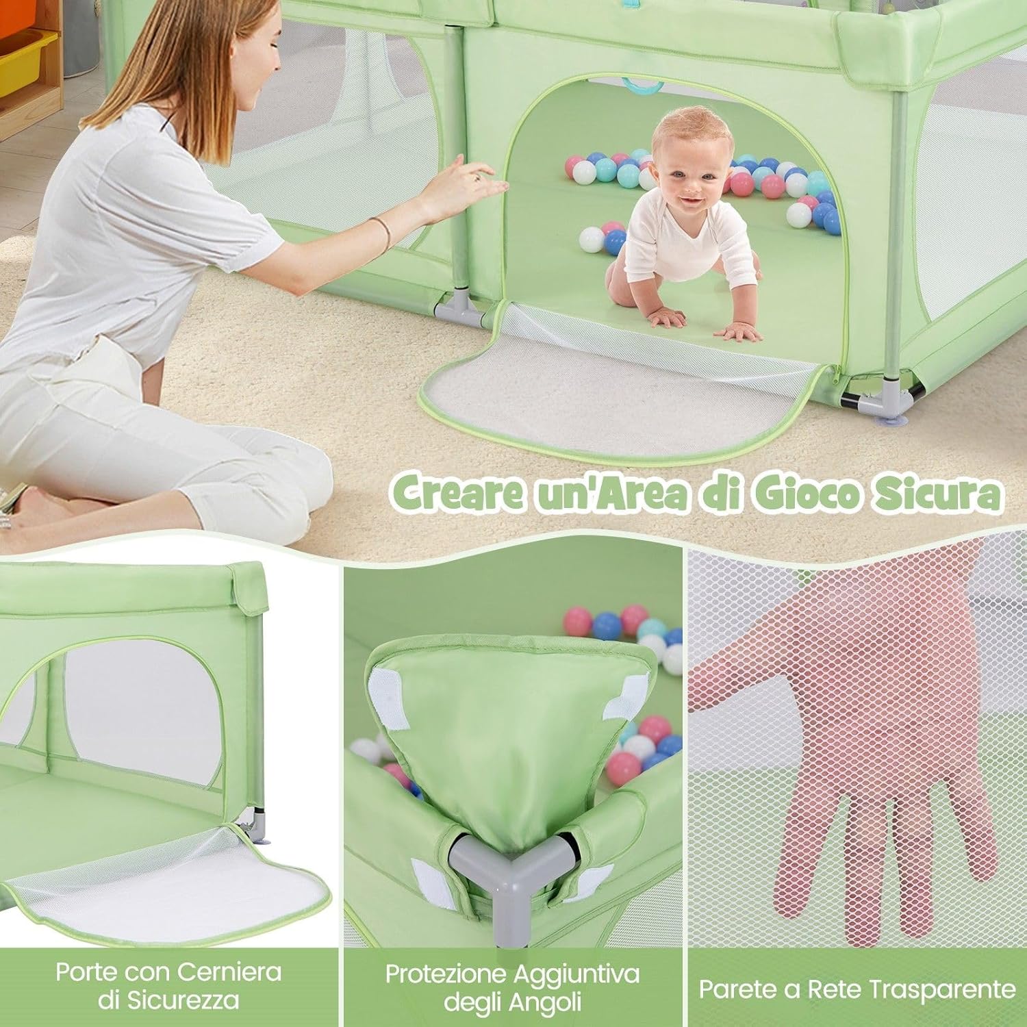 Recinto per Bambini, Box per Bambini con Rete Traspirante, Centro Attività per Bambini con 50 Palline, Box Giochi per Bambini 0-3 Anni (Verde, 189 x 158 cm)