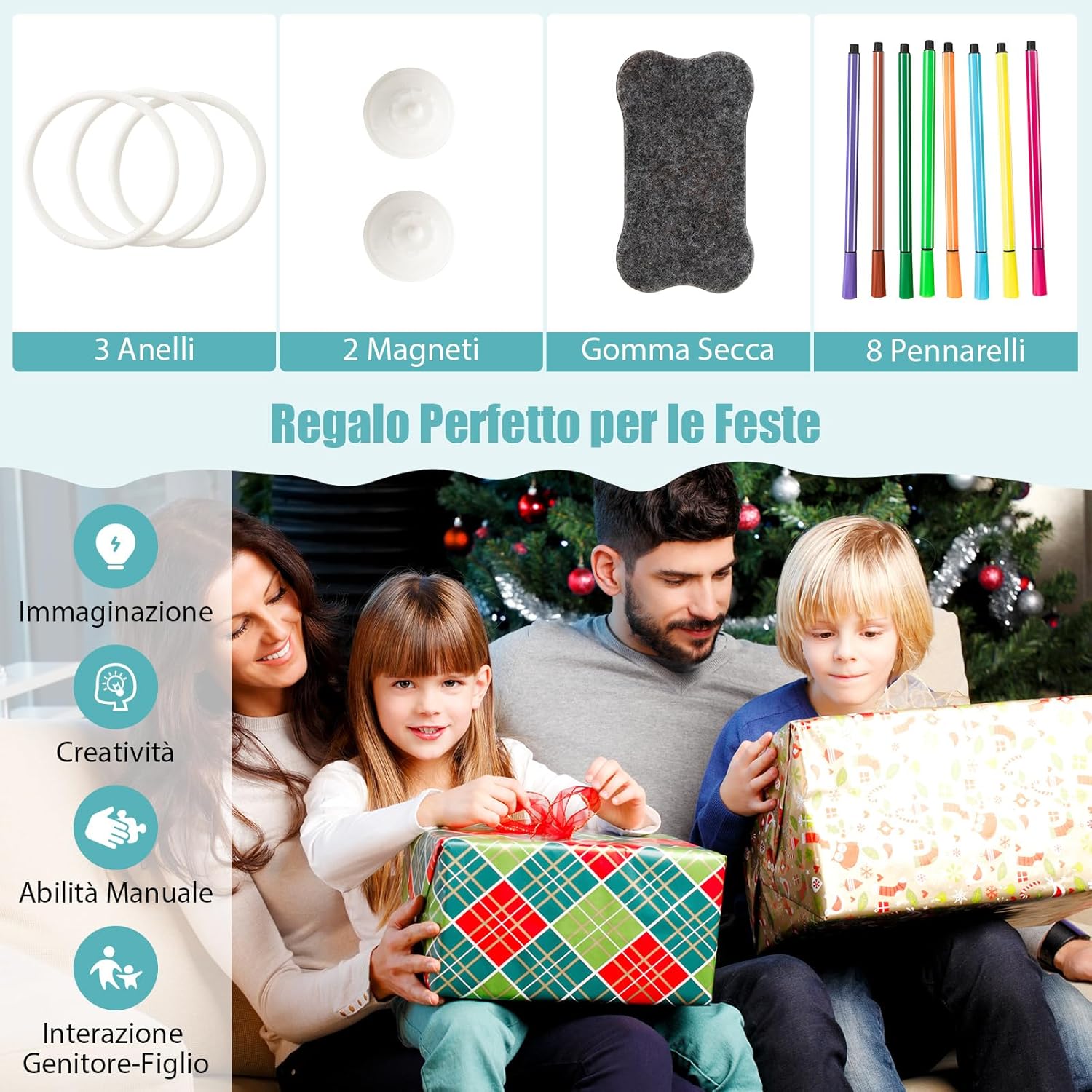 Tavolo da Disegno per Bambini con Sedia, Cavalletto Artistico con Lavagna Regolabile a 3 Livelli, Telescopio e Gioco dell'Anello, Cestino Portaoggetti 8 Pennarelli 3 Anelli 2 Magneti e Gomma