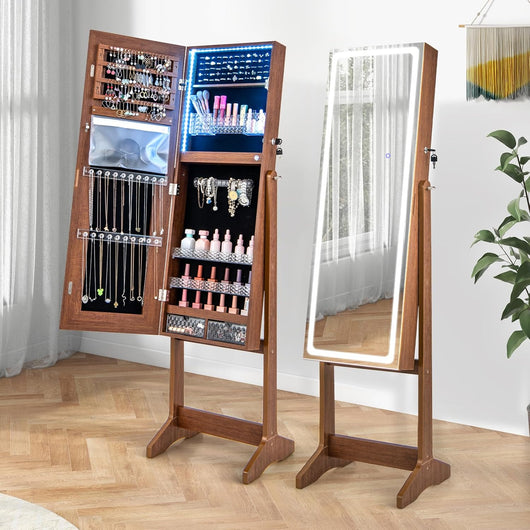 Armadietto Portagioie con Luci LED a 3 Colori, Specchiera per Gioielli da Terra, Mobile Portagioie con 3 Angolo Regolabile, Armadietto Portagioie in Legno, con Chiave (Noce)