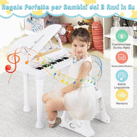 Tastiera Pianoforte a 31 Tasti con Microfono e Sgabello, Pianoforte Giocattolo Portatile con Modalità di Insegnamento a LED, Pianoforte a Coda per Bambini 3+ Anni (Bianco), 35 x 30 x 55 cm