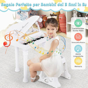Tastiera Pianoforte a 31 Tasti con Microfono e Sgabello, Pianoforte Giocattolo Portatile con Modalità di Insegnamento a LED, Pianoforte a Coda per Bambini 3+ Anni (Bianco), 35 x 30 x 55 cm