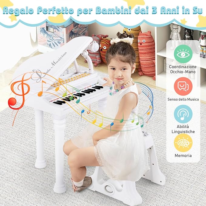 Tastiera Pianoforte a 31 Tasti con Microfono e Sgabello, Pianoforte Giocattolo Portatile con Modalità di Insegnamento a LED, Pianoforte a Coda per Bambini 3+ Anni (Bianco), 35 x 30 x 55 cm