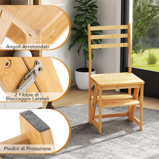 3 in 1 Sedia Scaletta Pieghevole, Sgabello Scaletta Convertibile a 3 Gradini con Struttura in Bambù, per Biblioteca, Cucina e Ufficio, Capacità 150 kg