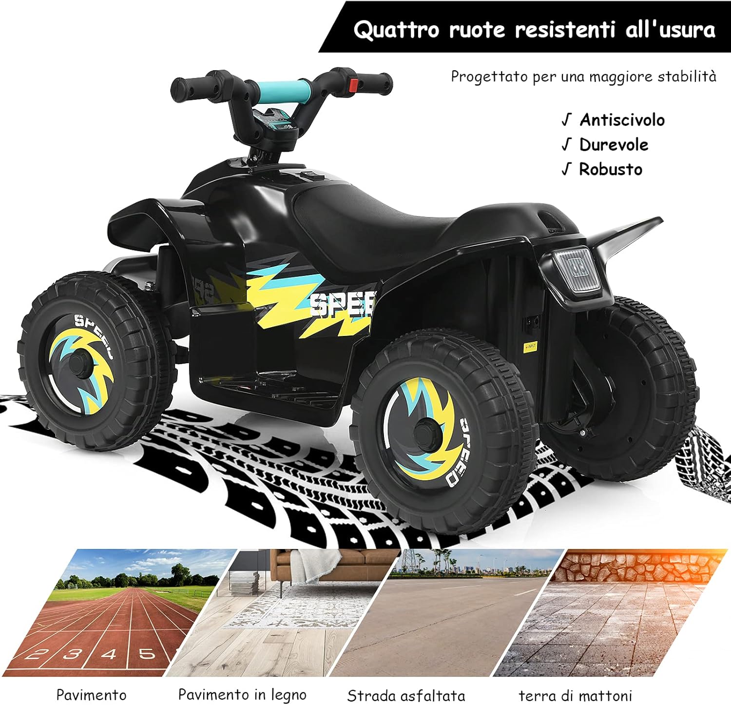 6V Quad Elettrico per Bambini con Batteria, Mini Quad con Funzione Avanti/Indietro, Velocità Massima 4,6 km/h (Nero)