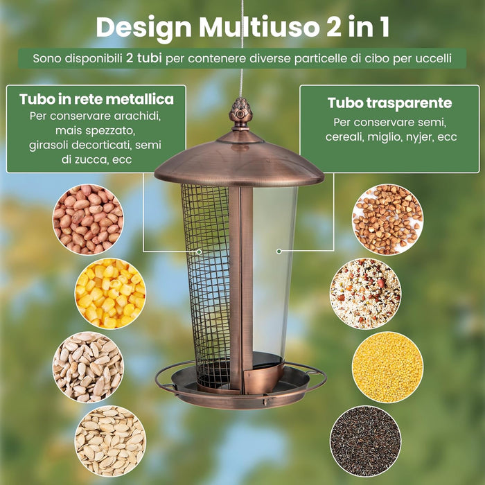 2 in 1 Mangiatoia per Uccelli con 2 Tubi, Mangiatoia per Uccelli da Appendere all'Aperto in Metallo Resistente alle Intemperie, Decorazione per Giardino e Portico