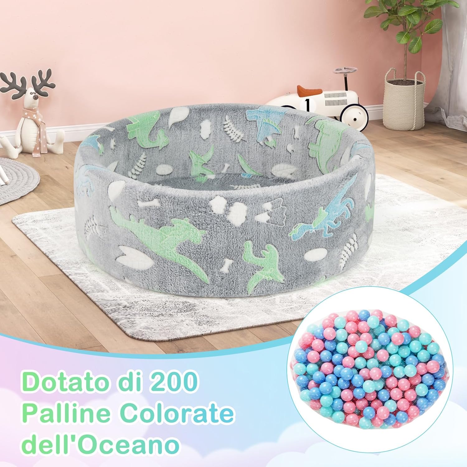 86 x 30 cm/200 Palline ∅5,5 cm Piscina di Palline Colorate per Bambini Luminosi nel Buio, Vaso con Palline in Schiuma Morbido e Lavabile in Lavatrice, Piscinatta da Gioco