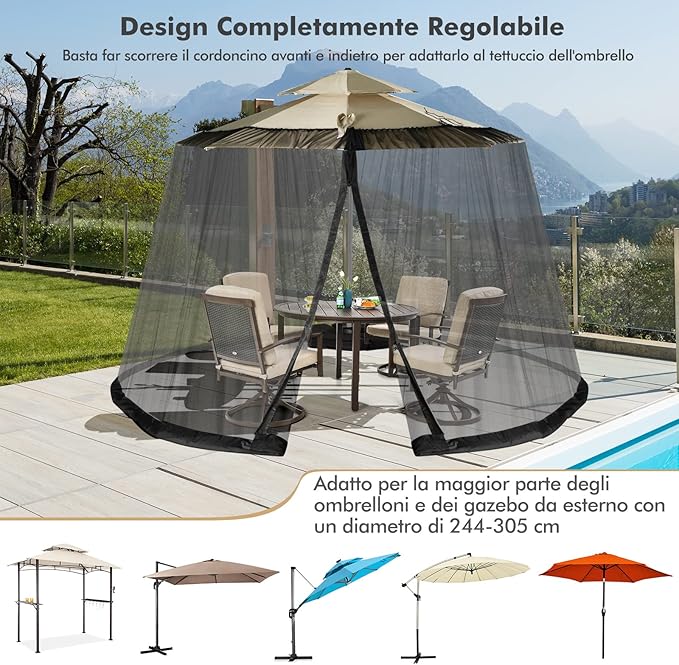 Zanzariera per Ombrellone da Esterno, Zanzariera Regolabile da Patio con 2 Porte a Doppia Cerniera, Rete per Copertura Ombrellone, 12,5 x 2,3 m