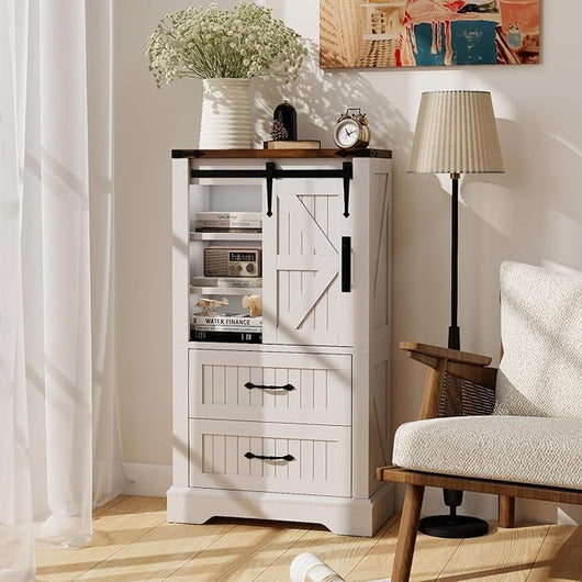 Mobile da Bagno, Armadietto Salvaspazio con Porta Scorrevole a Fienile, Ripiani Regolabili a 2 Cassetti, Mobiletto in Legno per Cucina e Soggiorno, 59 x 29 x 105 cm