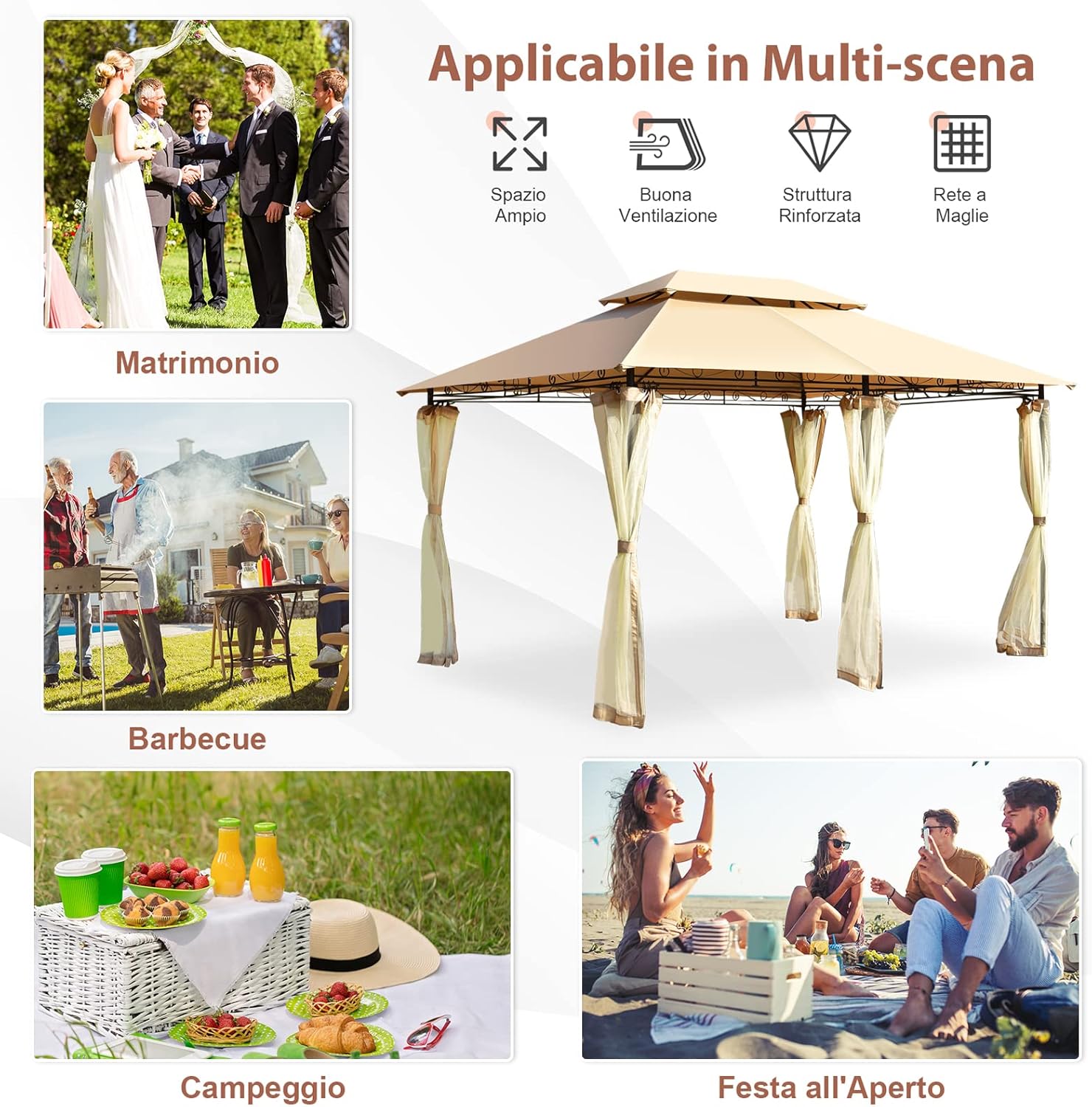 Gazebo da Giardino 3,9 x 2,9 M, Gazebo da Esterno con rete rimovibile e doppi tetti, struttura in acciaio, ideale per Feste, Barbecue, Giardino (marrone chiaro)
