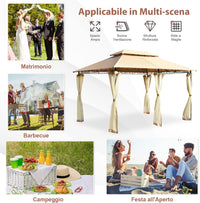 Gazebo da Giardino 3,9 x 2,9 M, Gazebo da Esterno con rete rimovibile e doppi tetti, struttura in acciaio, ideale per Feste, Barbecue, Giardino (marrone chiaro)