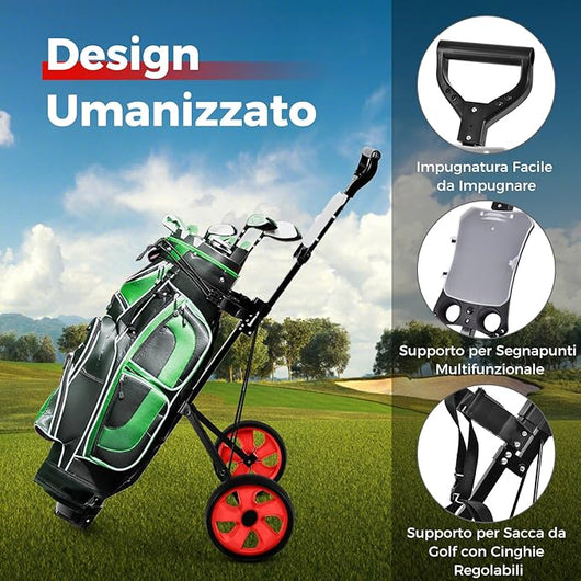 Carrello da Golf Pieghevole con 2 Ruote, Carrello da Golf in Ferro con Tabellone Segnapunti, 140 x 63,5 x 113 cm, Nero(Rosso)