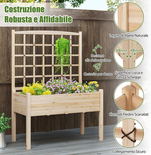 Letto da Giardino Elevato con Traliccio per Rampicanti, Fori di Drenaggio, Fioriera Rialzata in Legno con Grigliato e Piedi per Rampicanti, Fiori, Erbe, Verdure, Frutta, Balcone, Carico 80 kg