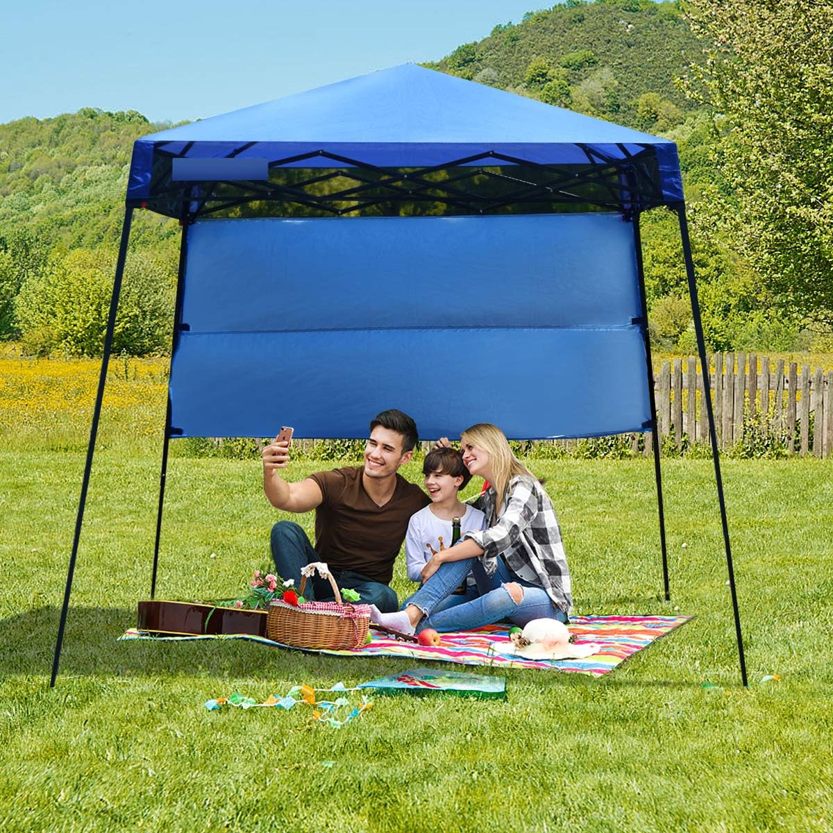 Gazebo Pieghevole da Giardino 210 x 210CM, Struttura in Acciaio, Altezza Regolabile, Gazebo da Esterno con Borsa, Ideale per Feste, Barbecue, Giardino e Spiaggia (blu)