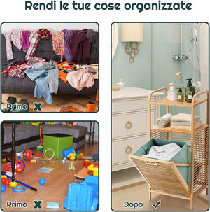 Armadietto da Terra Mobiletto Bagno 2 Ripiani Autoportante, con Sacco Portabiancheria, Adatto anche per Camera da Letto Salotto, in Bambù, 40,5 x 33 x 95,5 cm