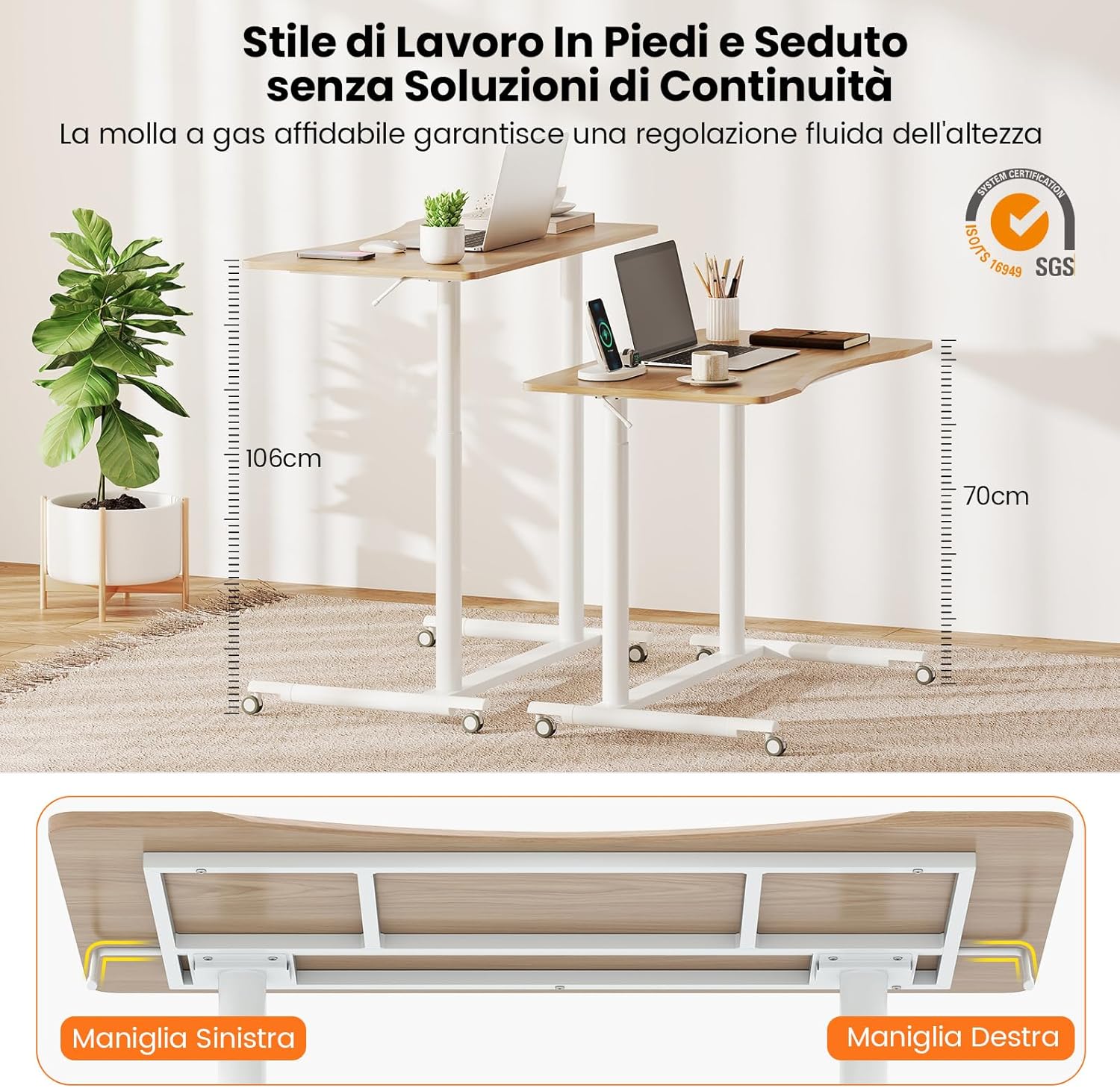 Scrivania Regolabile in Altezza a Forma di C, Scrivania con Ruote Bloccabili e Struttura in Metallo, Tvolo Portatile per Laptop e per Spazi Ridotti (Naturale)