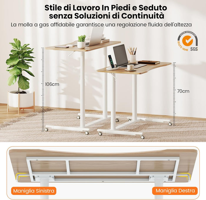 Scrivania Regolabile in Altezza a Forma di C, Scrivania con Ruote Bloccabili e Struttura in Metallo, Tvolo Portatile per Laptop e per Spazi Ridotti (Naturale)