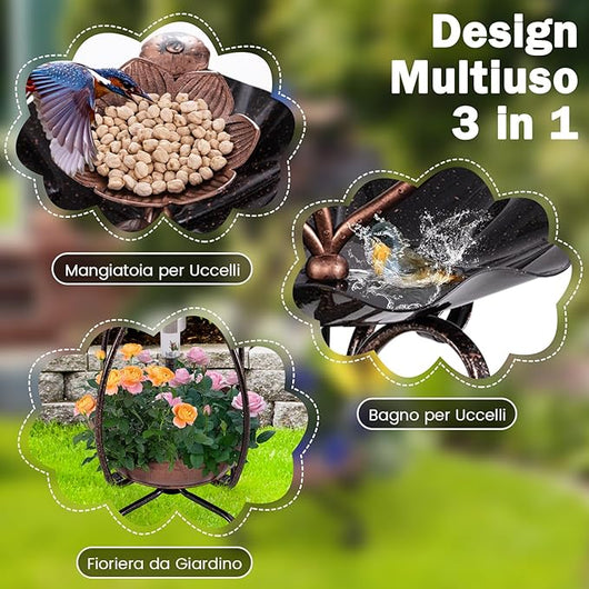 Mangiatoia Solare per Uccelli da Esterno, Vaschetta e Mangiatoia Vintage con Piedistallo e Luci Solari, Casetta per Uccellini Decorativa da Giardino (Bronzo Antico, 31 x 31 x 79 cm)