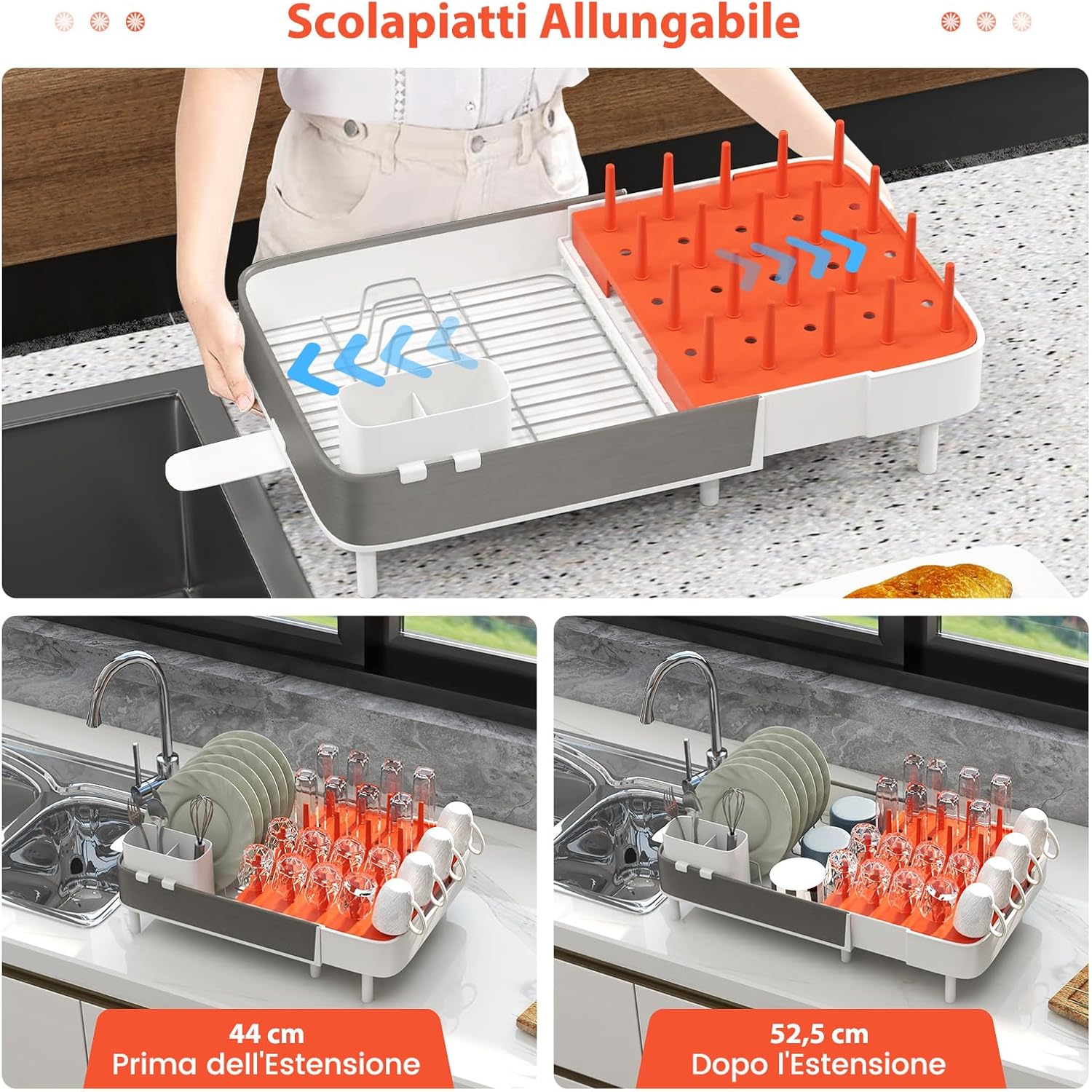 Scolapiatti Estensibile, Gocciolatoio Scolapiatti Regolabile con Portaposate Staccabile Griglia in Acciaio Inox e Barrette Verticali, con Drenaggio Automatico