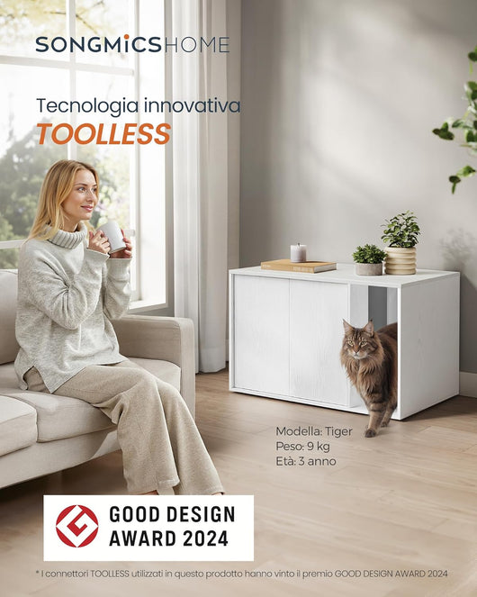 Montaggio Super Veloce Senza Attrezzi, Armadietto per Lettiera, Casetta per Gatti Grandi, Porte a Spinta per Aprire, Tecnologia TOOLLESS, Bianco Neve PCL013W01