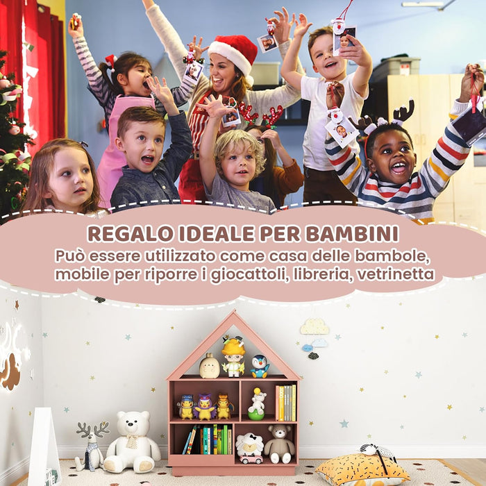 Libreria per Bambini a Forma di Casa, Scaffale in Legno con 5 Cubi per Giocattoli, Organizer di Stoccaggio Antiribaltamento, Scaffale Aperto a 3 Livelli, 88x34x108 cm (Rosa)