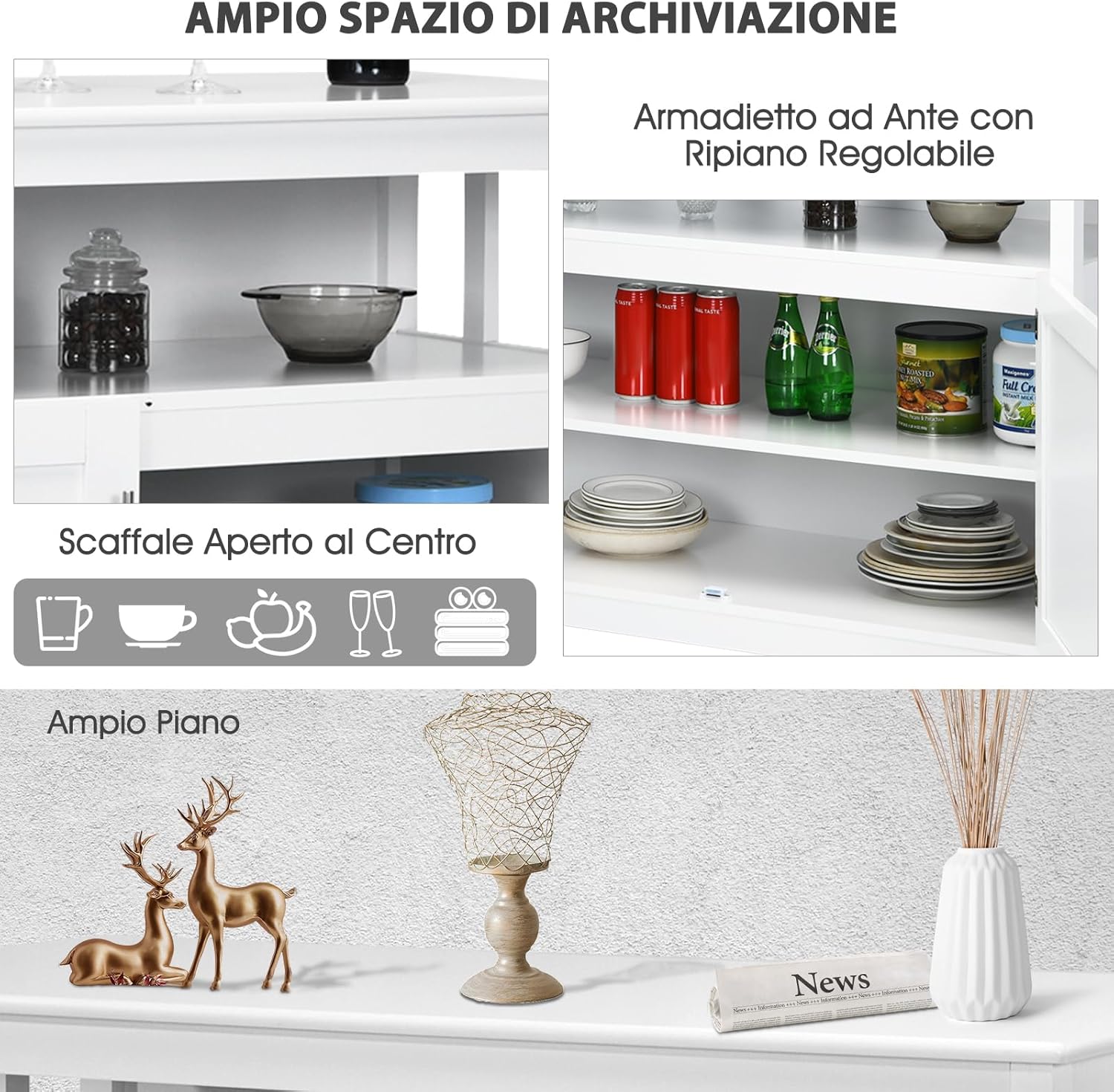 Credenza Cucina Moderna, Mobiletto da Cucina con Ripiano Regolabile e 2 Ante, Mobiletto Multiuso da Soggiorno Sala da Pranzo Ingresso, Bianco