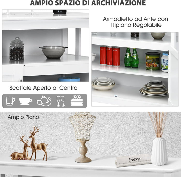 Credenza Cucina Moderna, Mobiletto da Cucina con Ripiano Regolabile e 2 Ante, Mobiletto Multiuso da Soggiorno Sala da Pranzo Ingresso, Bianco