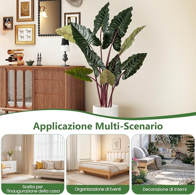 Pianta Artificiale di Taro Arcobaleno 160 cm, Finta Pianta in Vaso Pre-piantato con 11 Foglie Finte, Steli Flessibili, Albero Decorativo Moderno per Ufficio e Casa