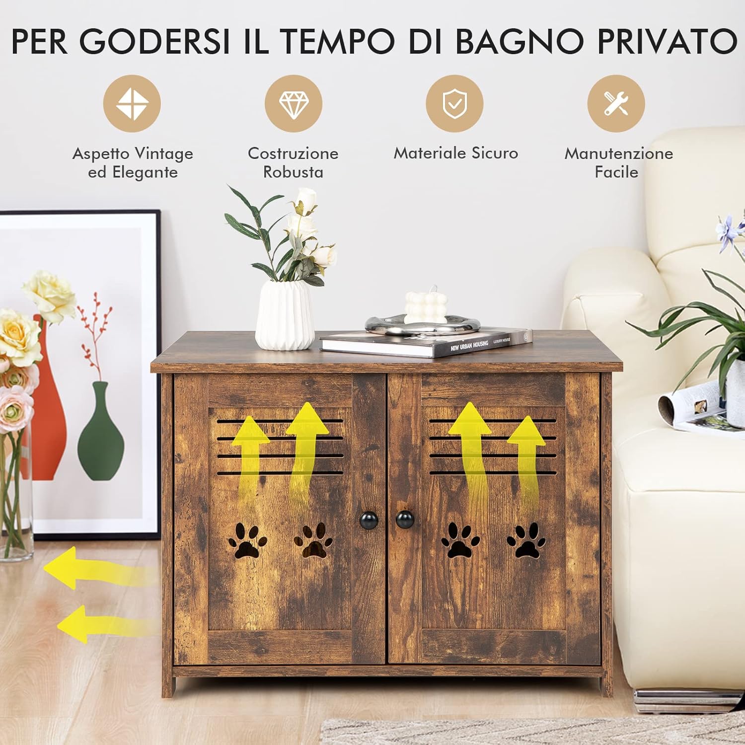 Mobile per Lettiera Gatti, con Doppie Porte a Feritoia, Ingresso Laterale, Cuccia e Toilette, Mobiletto Multiuso per Ingresso e Soggiorno, Portata 50 kg, 70 x 52 x 51 cm