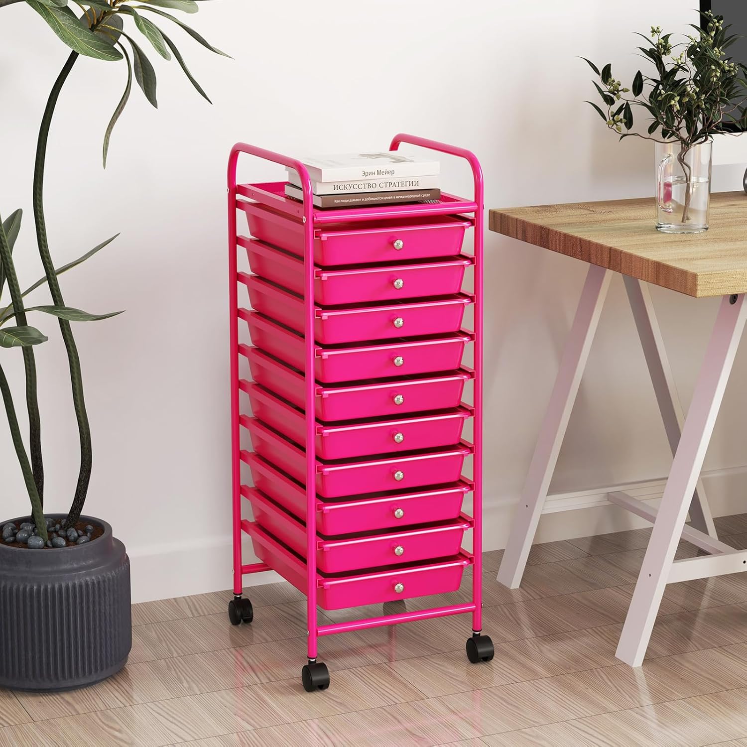 Carrello con 10 Cassetti da Stoccaggio, Cassettiera di Metallo e Plastica, Contenitore Multiuso con Ruote a Freno, per Casa e Ufficio (Rosa)