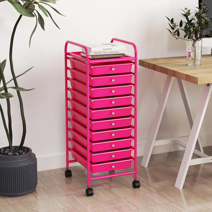 Carrello con 10 Cassetti da Stoccaggio, Cassettiera di Metallo e Plastica, Contenitore Multiuso con Ruote a Freno, per Casa e Ufficio (Rosa)