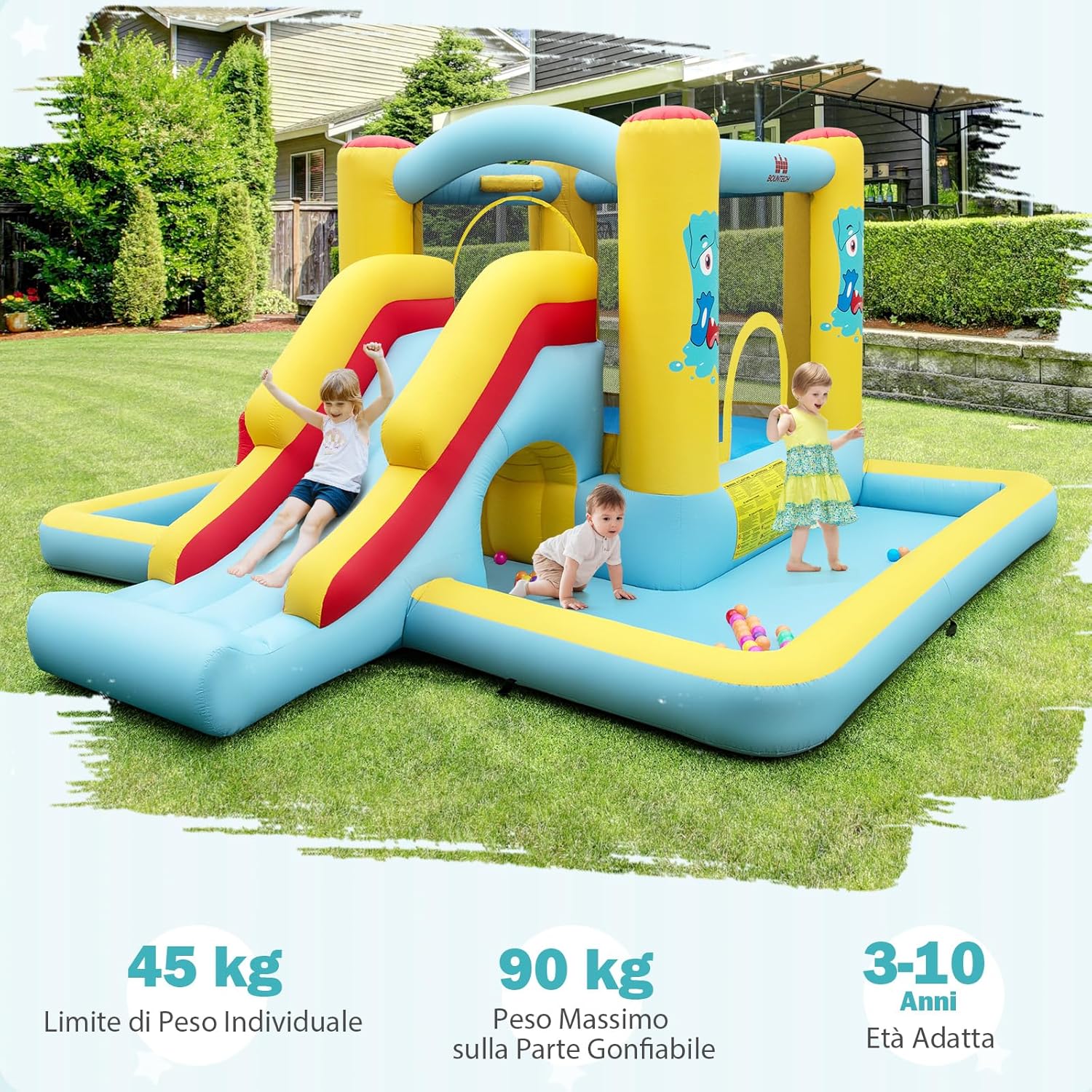 Castello Gonfiabile 7 in 1 per Bambini con Scivolo, Castello Gonfiabile con Mongolfiera, 50 Palline, Anelli e Basket, Gioco Gonfiabile da Interno ed Esterno, per Bambini da 3 a 10 Anni