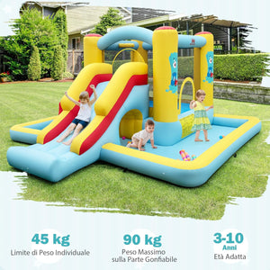 Castello Gonfiabile 7 in 1 per Bambini con Scivolo, Castello Gonfiabile con Mongolfiera, 50 Palline, Anelli e Basket, Gioco Gonfiabile da Interno ed Esterno, per Bambini da 3 a 10 Anni