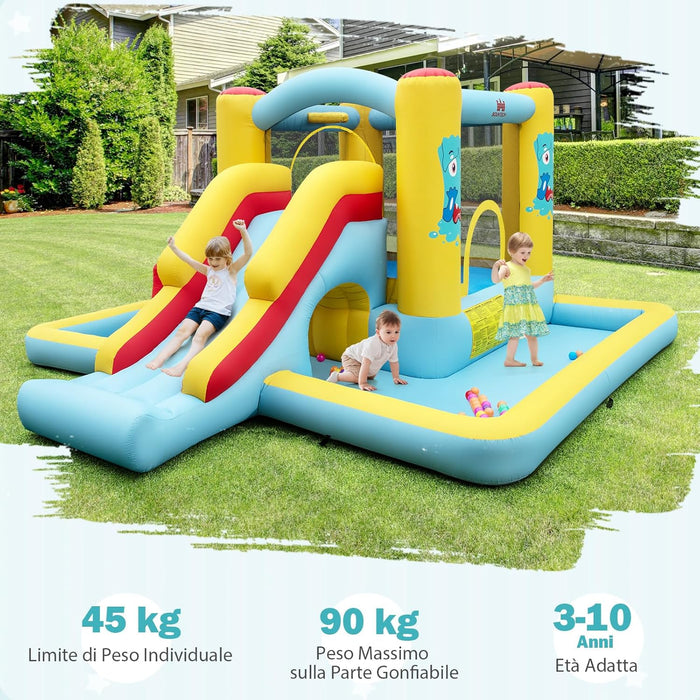 Castello Gonfiabile 7 in 1 per Bambini con Scivolo, Castello Gonfiabile con Mongolfiera, 50 Palline, Anelli e Basket, Gioco Gonfiabile da Interno ed Esterno, per Bambini da 3 a 10 Anni
