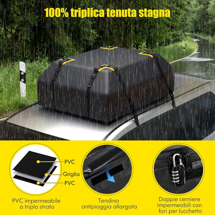 Borsa da Tetto per Auto, Borsa Portapacchi Impermeabile per Tutti i Veicoli Con/Senza Barre Portapacchi, 420L, con Tappetino Antiscivolo, Corda, Lucchetto e Ganci(86 x 112 x 43 cm)