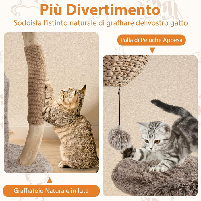 Albero per Gatti in Legno di Pero 105cm, Torre per Gatti con Tiragraffi in Sisal, Piattaforme e Pallina Pendente, Cuccia per Animali Domestici