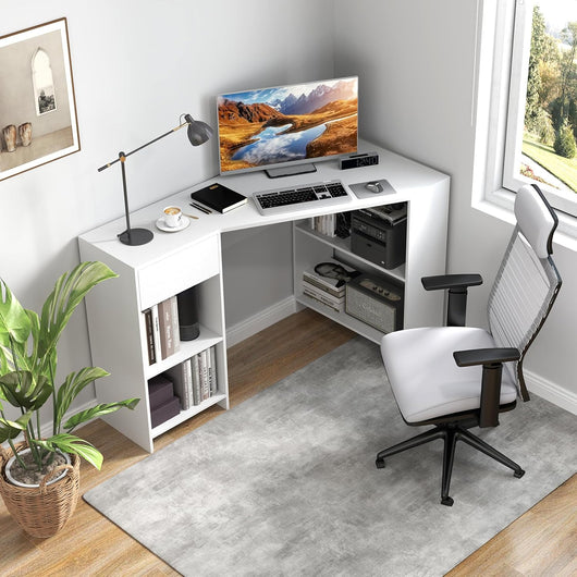 Scrivania per computer a forma di L, 120 x 60 x 75 cm, scrivania ad angolo con cassetti e ripiani aperti, design salvaspazio, tavolo ad angolo per camera da letto, ufficio (bianco)