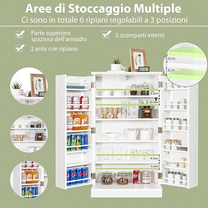 Armadietto Dispensa Alto 104 cm, Mobiletto da Cucina con Ante e Ripiani Regolabili, Credenza Autoportante per Sala da Pranzo, Soggiorno, Camere da Letto, 59 x 30 x 104 cm (Bianco)