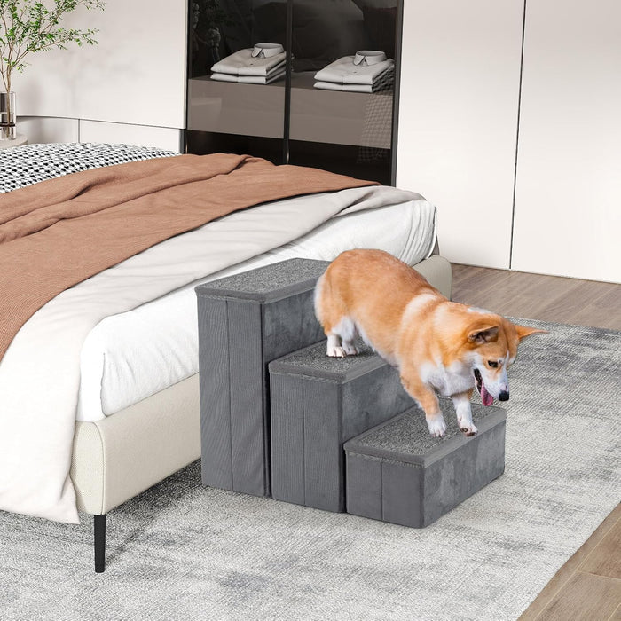 Scala per Cani, Rampe Pieghevole Antiscivolo per Animali Domestici con Scomparti di Stoccaggio per Giocattoli e Spuntini per Letti e Divani, Grigio (39 x 51 x 45cm)