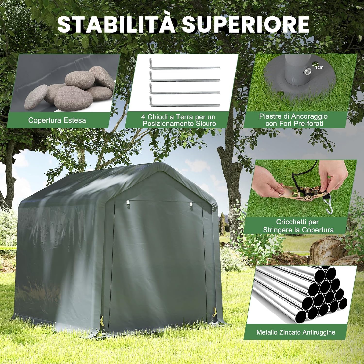 Tenda Garage per Moto e Bicicletta Impermeabile, Cappanone da Esterno con Porta a Cerniera Arrotolabile, Tendone Deposito da Giardino Multiuso per Attrezzi, 240 x 195 x 214 cm