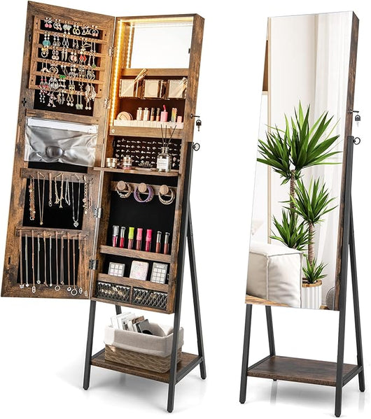 Specchio Portagioie con Luci LED a 3 Colori, Specchio a Figura Intera, Armadietto Portagioie da Terra con Specchietto Interno e Chiusura (Marrone rustico)