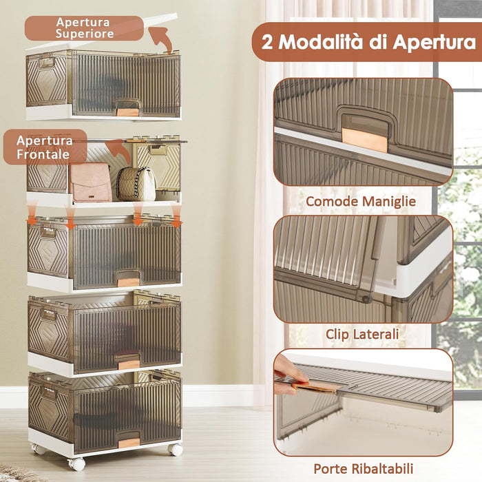 Scatole Immagazzinaggio Impilabili e Pieghevole con Ruote, Contenitore a 6 Ripiani con Coperchi, Organizzatori Trasparente, per Camera da Letto e Soggiorno, Bianco (37,5 x 27,5 x 121 cm)