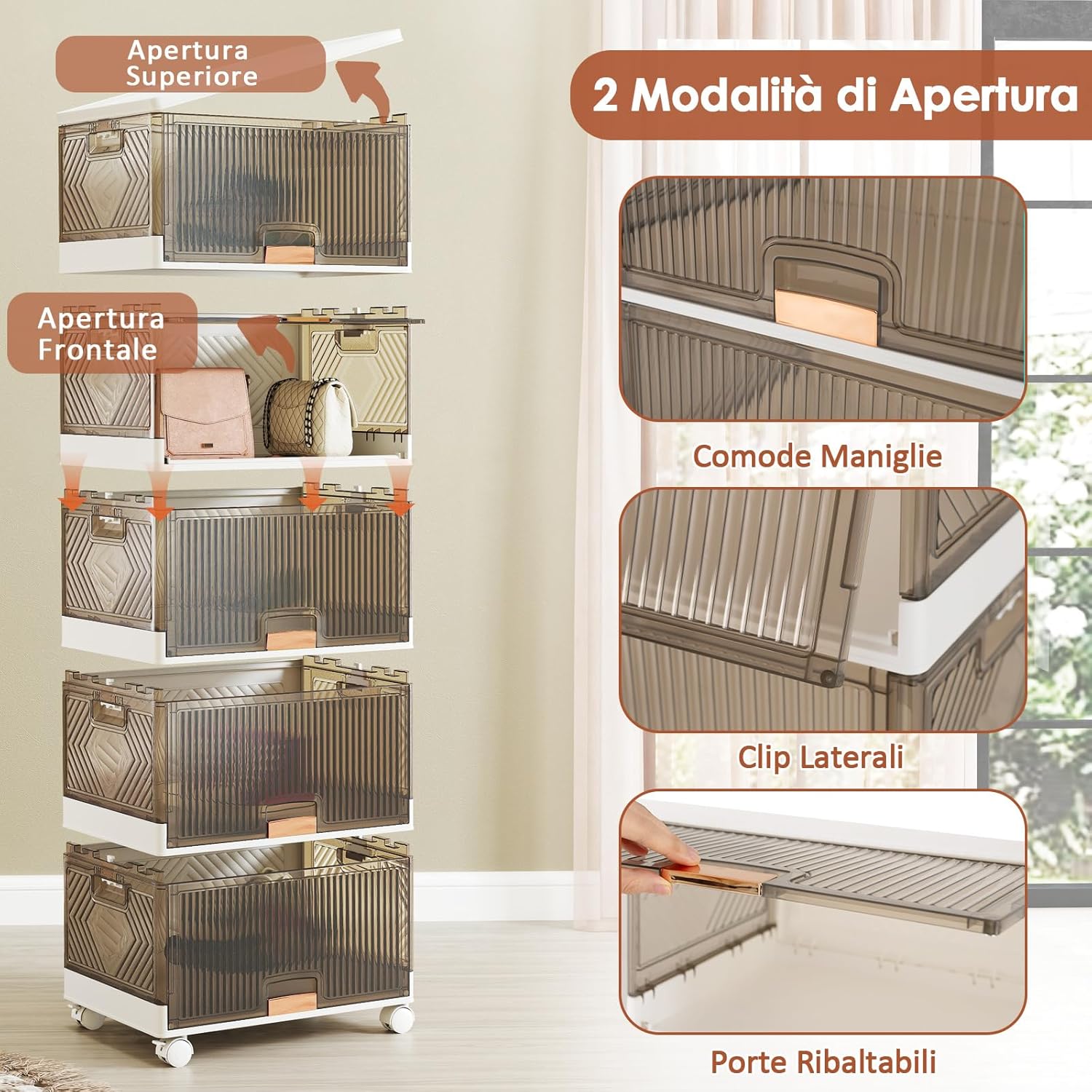 Scatole Immagazzinaggio Impilabili e Pieghevole con Ruote, Contenitore a 5 Ripiani con Coperchi, Organizzatori Trasparente, per Camera da Letto e Soggiorno, Bianco (37,5 x 27,5 x 101,5 cm)